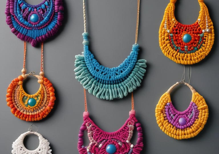 A collection of colorful macramé earrings displayed on a textured fabric with natural light