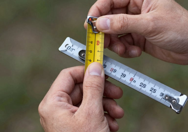 A smiling person checking their measurements using a mirror and a tape measure.
