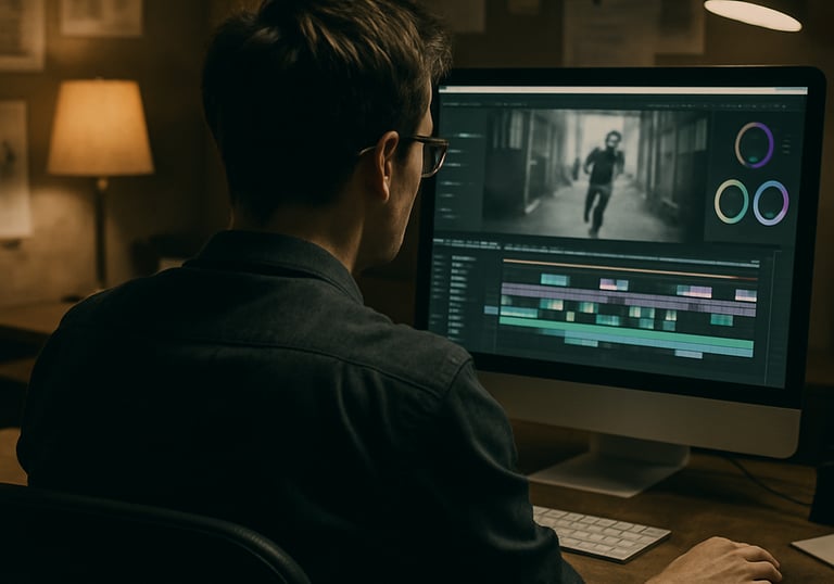 An intimate behind-the-scenes shot of a filmmaker reviewing footage on set.