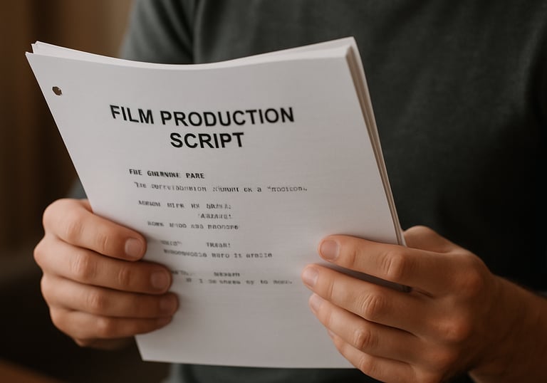 A close-up of hands writing a script at a rustic wooden desk with scattered coffee cups.