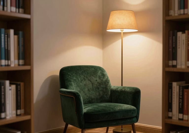 A cozy corner of a Scandinavian-style library with a comfortable dark deep green chair and warm amber lamp lighting.