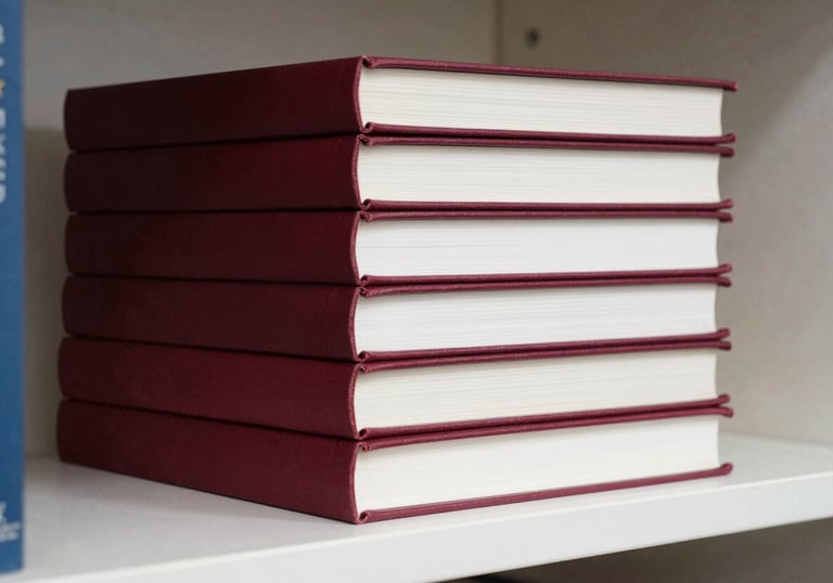 A close-up photograph of a stack of books with deep ripe crimson spines sitting on a clean, crisp parchment bookshelf.