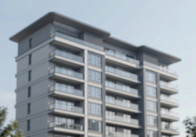 A sleek, modern residential building facade under a clear sky, emphasizing property management excellence. Palette features #5B7C85 and #F5F8FA.