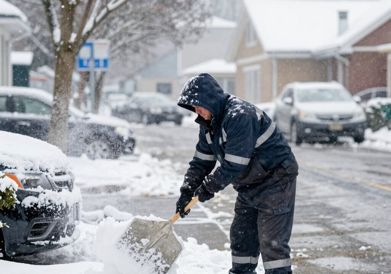 A snowplow clearing a driveway at dusk with warm house lights glowing in the background.