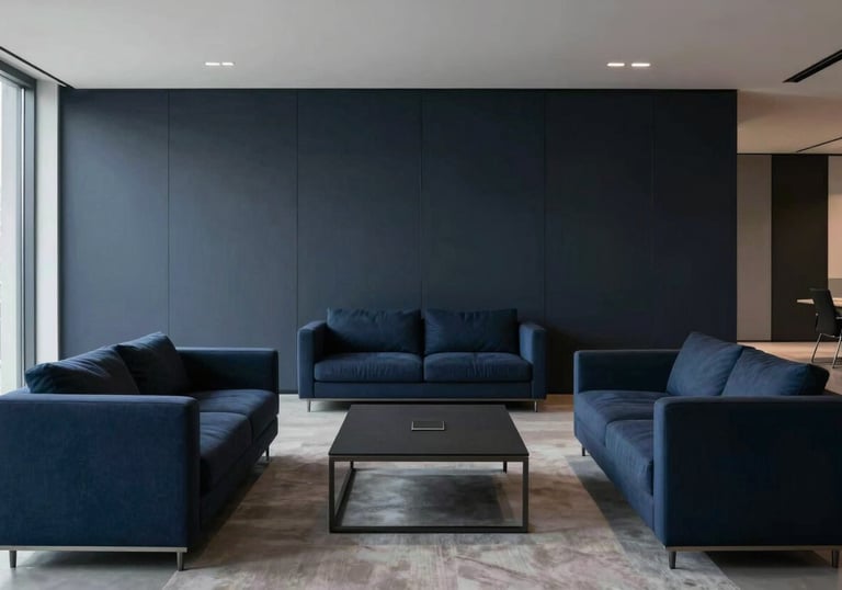 A wide, cinematic shot of a modern, minimalist office lounge with clean lines and premium furniture. The color palette is dominated by deep midnight navy and dark steel blue.