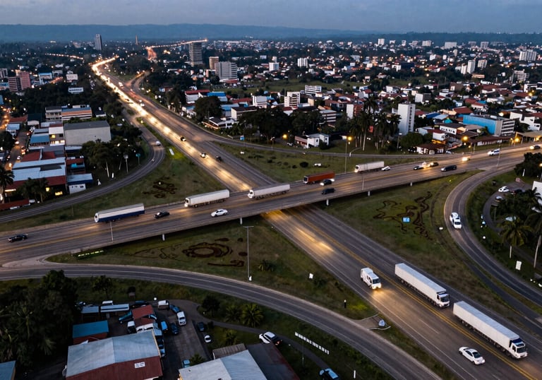 A wide aerial photography shot of a large, busy highway interchange in South America at dusk, with trails of lights from trucks and vehicles, symbolizing a dynamic and moving economy.