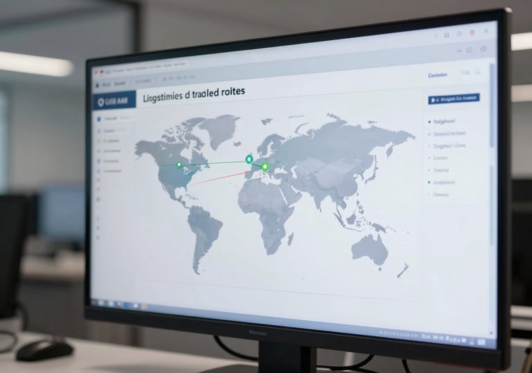A close-up photograph of a digital logistics dashboard showing real-time global trade routes on a high-resolution screen in a sleek, medium grey office environment in the US.
