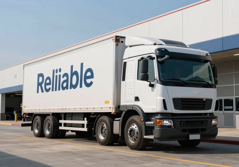 A dynamic shot of a modern cargo truck pulling away from a sleek distribution hub under a clear sky in North America, representing reliable export services.