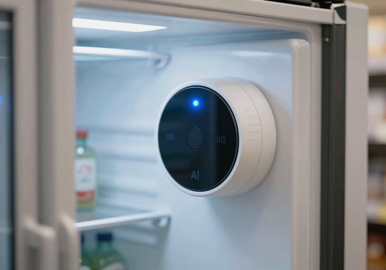 A close-up detail shot of an AI-powered smart sensor mounted inside a clean, commercial refrigerator in a North American retail setting, glowing with a soft blue status light.