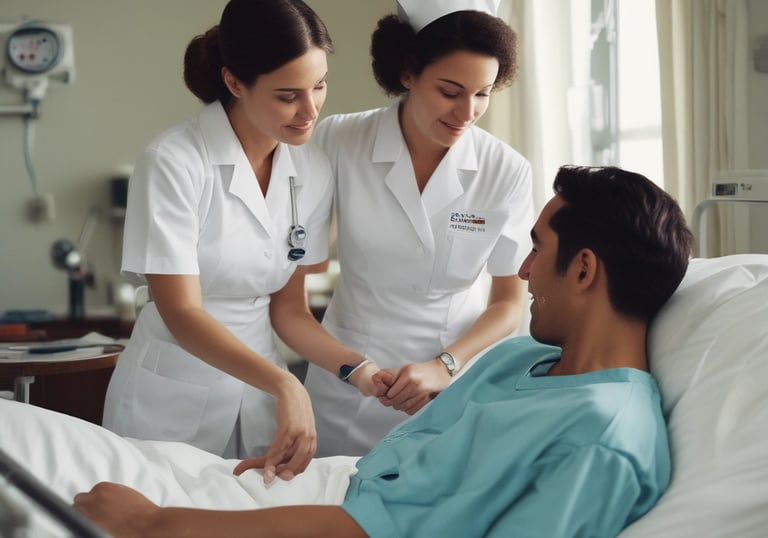 A friendly nurse assisting a patient in a bright hospital room.