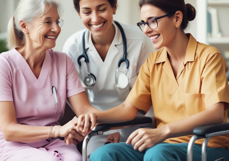 A caring staff member comforting an elderly patient outdoors.