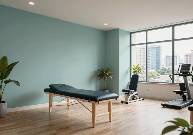 A clean, modern physiotherapy and gymnasium space within a luxury clinic in a South Asian / Indian city, featuring soft teal and mist tones.