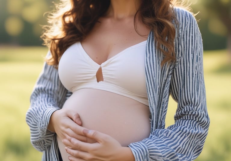 Pregnant woman gently holding her belly in a warm, softly lit studio.