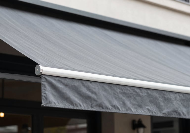 A stylish outdoor commercial terrace with a professional retractable awning in slate grey textile.