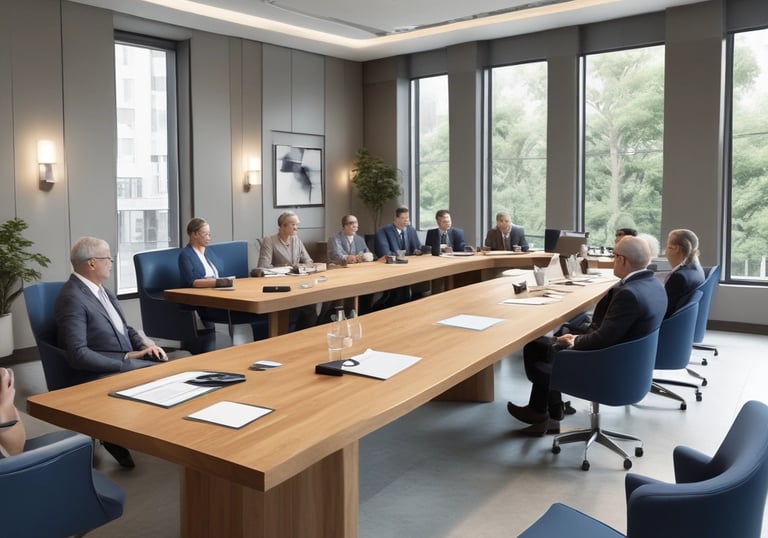 A professional lawyer discussing estate planning documents with a family around a table.
