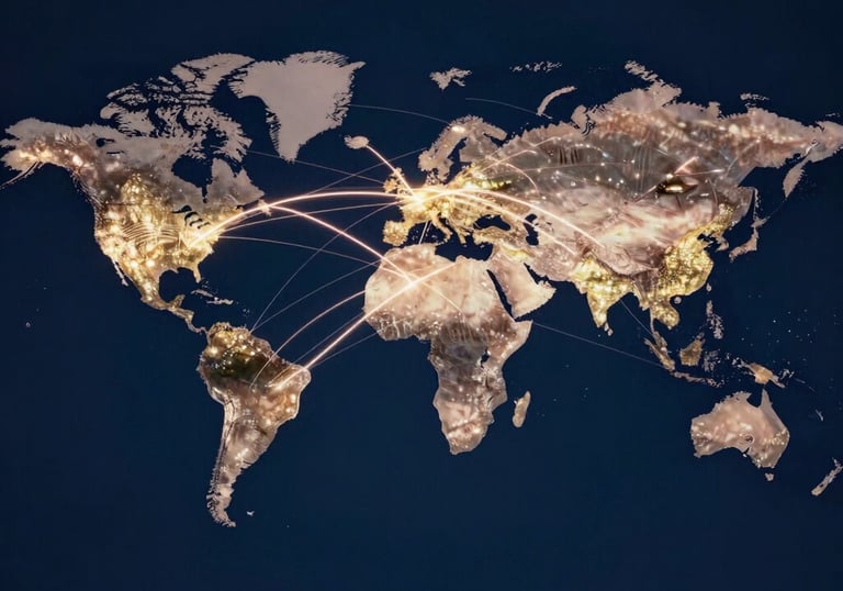 A conceptual photograph of global network connectivity represented by light trails connecting major world cities on a dark blue background.
