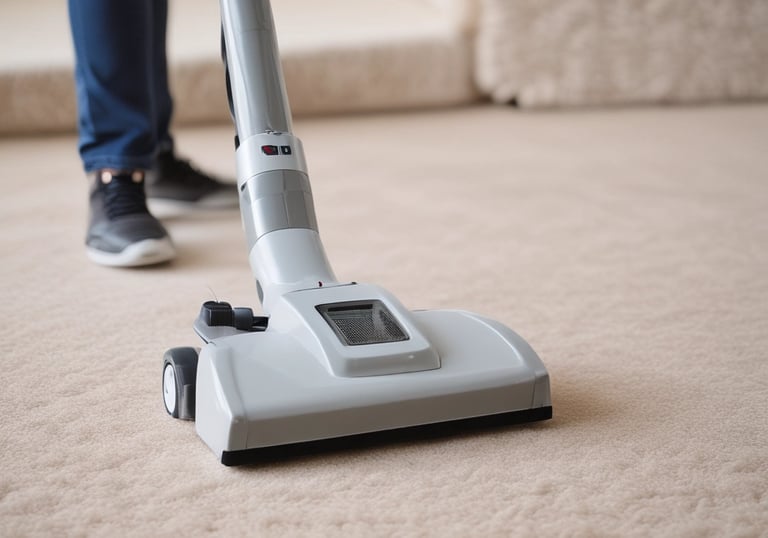 Close-up of a technician using a steam cleaner on a colorful area rug.