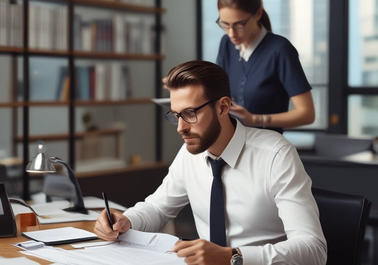 Professional lawyer discussing documents with client in modern office environment.