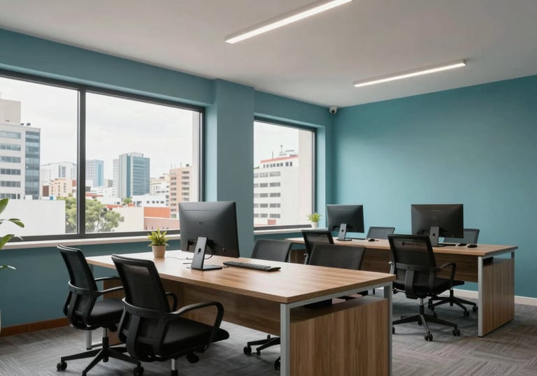 A modern and clean shared workspace in a Latin American city, featuring light blue and teal decor, professional atmosphere with natural lighting through large windows.