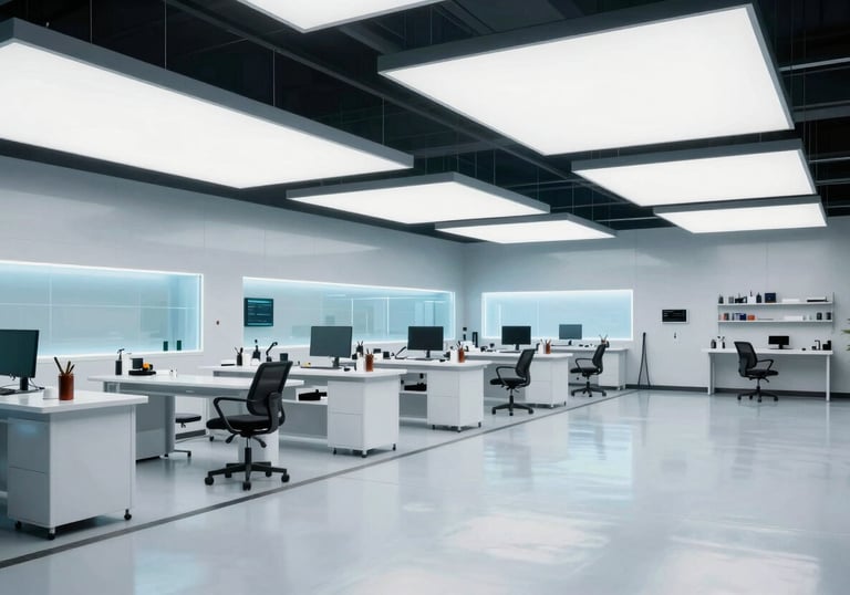 Wide interior view of a modern, clean auto glass service center in North America with Soft White and Pale Ice Blue lighting and organized workspaces.