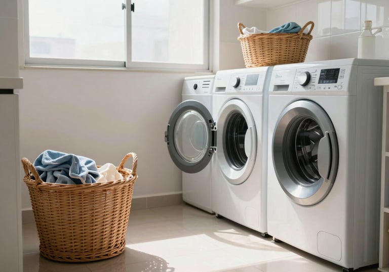 A view of a bright and organized laundry area in a Brazilian apartment, with wicker baskets and fresh sunlight coming through the window.