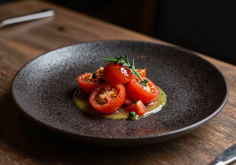 A beautifully plated modern Italian dish featuring fresh tomatoes and herbs, set on a dark textured ceramic plate in a sophisticated restaurant with low, warm ambient lighting.