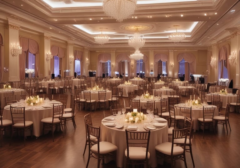 A beautifully decorated event hall with elegant lighting and tables set for a celebration.