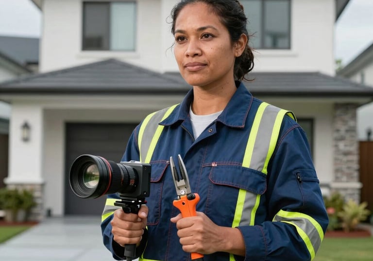 An Oceanian female electrical contractor in high-visibility gear holding professional tools, standing in front of a modern residential property.