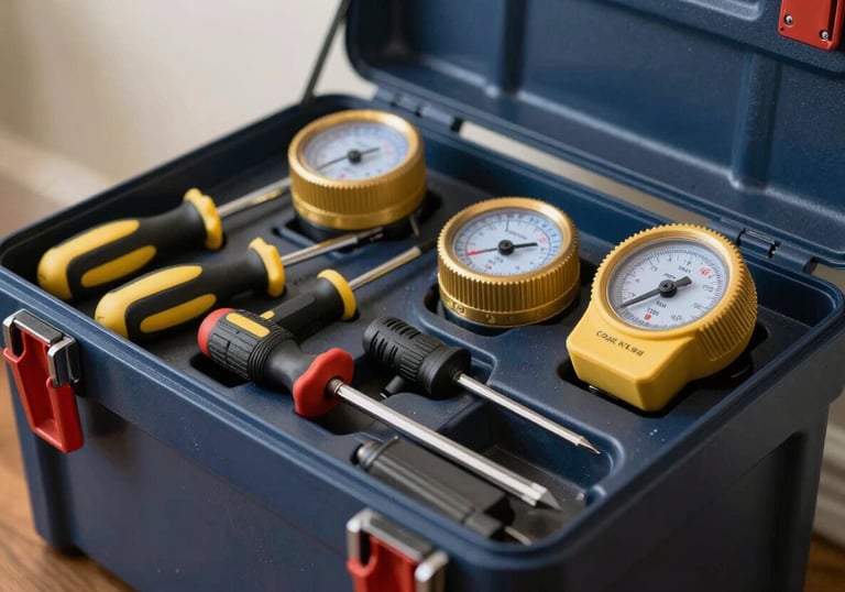 Photography of a tidy, organized professional toolbox with insulated screwdrivers and meters, in a North American / US residential setting, clean and efficient mood, dark navy blue elements.