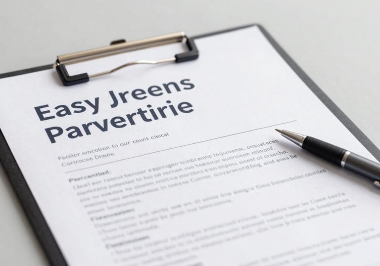 A clean document and a pen on a clipboard, symbolizing easy paperwork and professional service. Minimalist aesthetic with #0C1D2A accents.