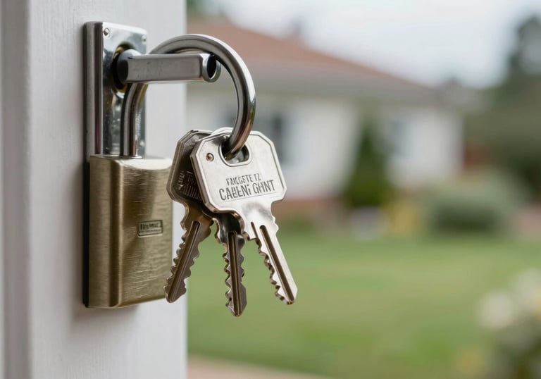 Close up of keys in a lock of a modern house, sharp focus on metal textures, blurred background of a tidy Baltic garden, reliable and secure feeling.