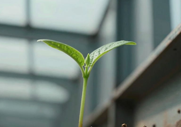 An artistic close-up of a green sprout emerging near industrial steel structures, soft focus background, emphasizing #3C6B5E and #A8C6B1.