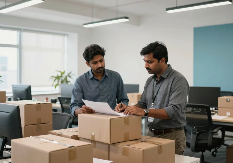 A modern, professional industrial office setting in a South Asian / Indian city where project managers are overseeing logistics. The room is bright with cloud white walls and accents of dusty sea blue, conveying a sense of organized efficiency.