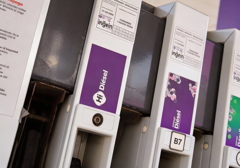 Primer plano de los dispensadores de combustible en una gasolinera con etiquetas Hi Diesel y