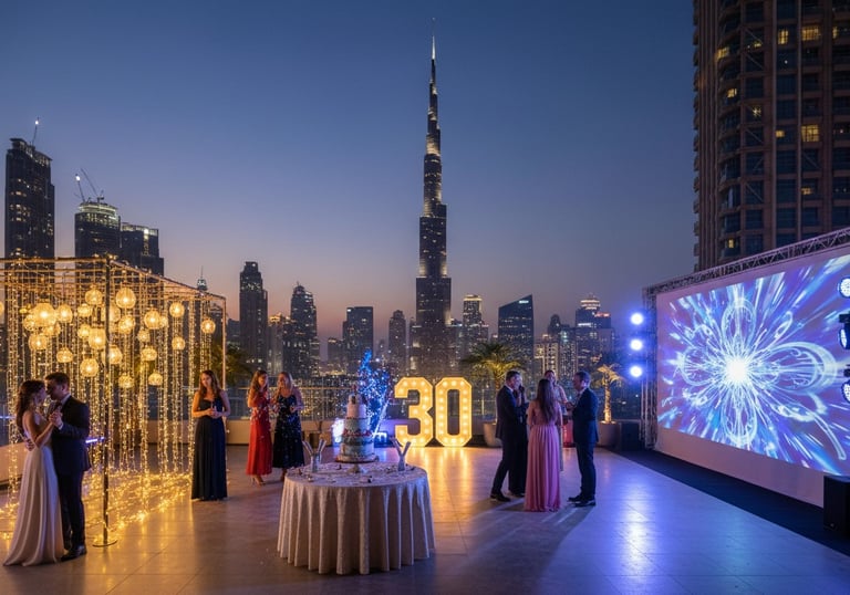 Luxury 30th birthday party on a Dubai rooftop overlooking the Burj Khalifa at night.