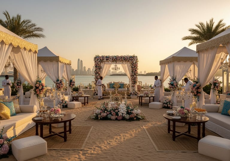Luxury beach wedding setup in Dubai with floral arch, white tents, and city skyline view at sunset.