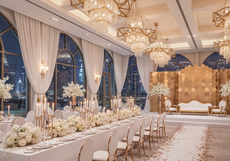 Elegant luxury wedding ballroom with crystal chandeliers, white floral centerpieces, and a Dubai skyline view.