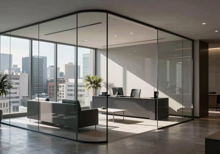 The minimalist and professional interior of a high-end legal firm in a Hispanic city, featuring glass walls and gray furniture, sunlight coming through large windows.