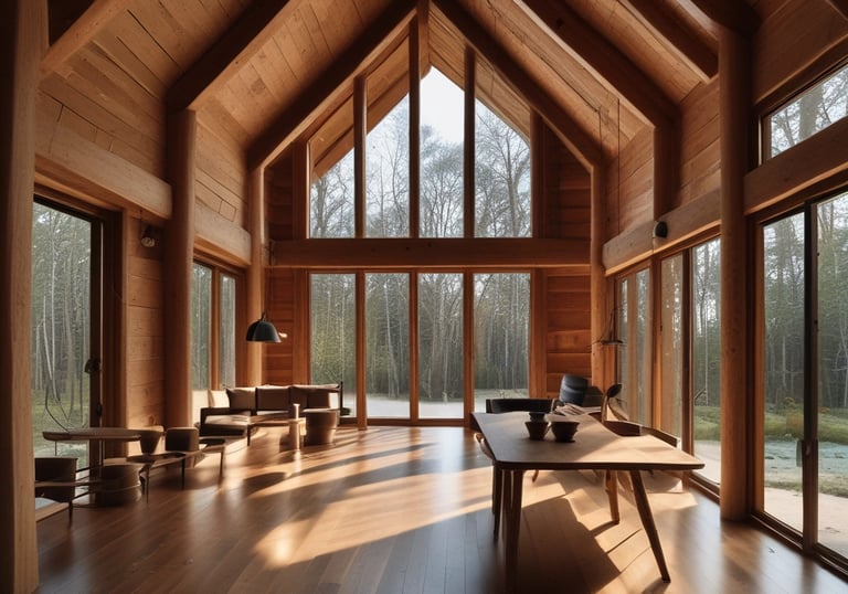 A modern house exterior featuring wooden paneling combined with sleek aluminum window frames.