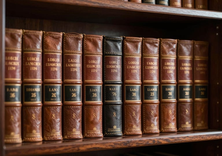 A detailed photograph of leather-bound legal volumes on a dark mahogany library shelf within a distinguished and traditional Lagos law firm.