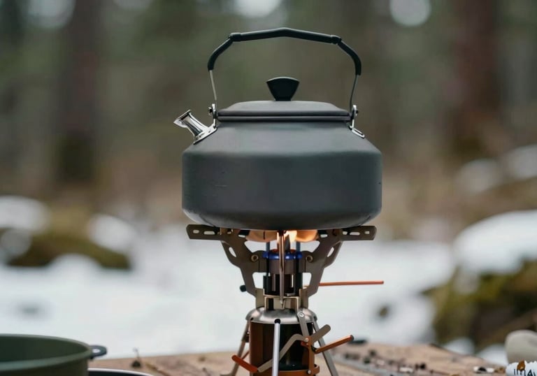 A close-up of a high-end metal camping stove and a matte black kettle in a winter setting. Professional gear photography with forest green #2A362B and earth brown #5E4B3E accents.