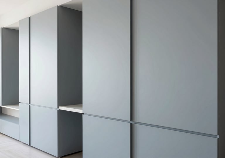 Modern interior architectural detail of a renovated living space in Vicenza, featuring clean lines, light blue grey accents, and elegant Italian furniture style.