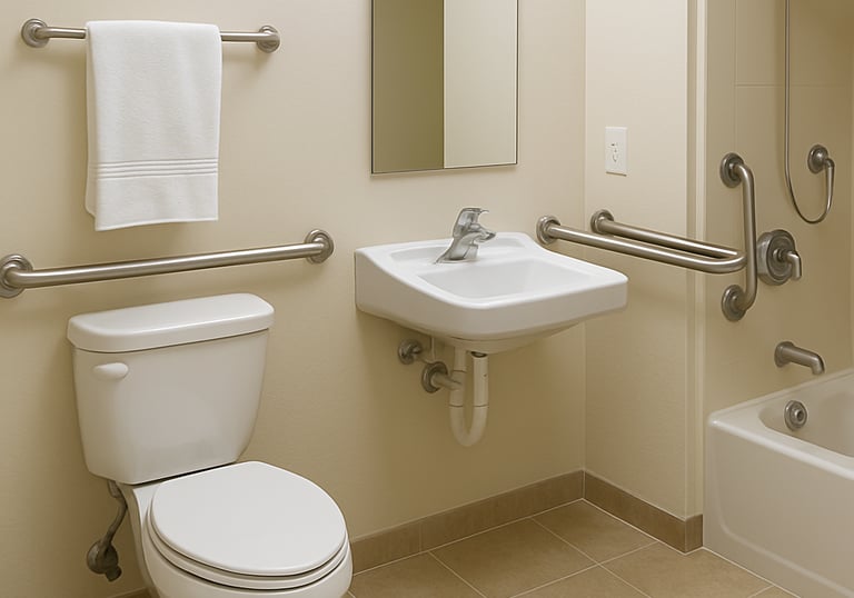 Skilled handyman installing safety rails in a senior's bathroom.