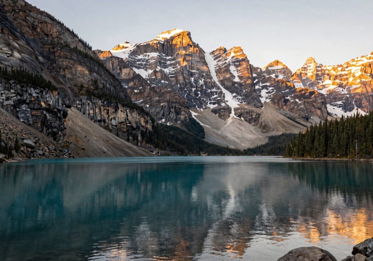 The Canadian Rockies with a crystal clear lake, representing stability and growth. Professional landscape photography with elegant gold lighting.
