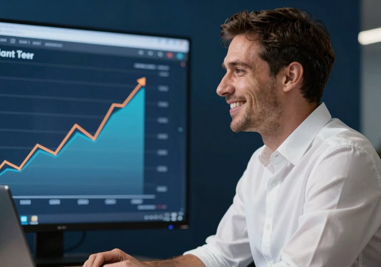 A successful business owner in a crisp white shirt, smiling while looking at a screen showing upward trending lead metrics in a deep navy blue office.