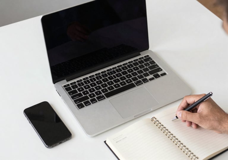 A top-down view of a professional workstation with a laptop, smartphone, and notebook in a bright, modern Brazilian office setting.