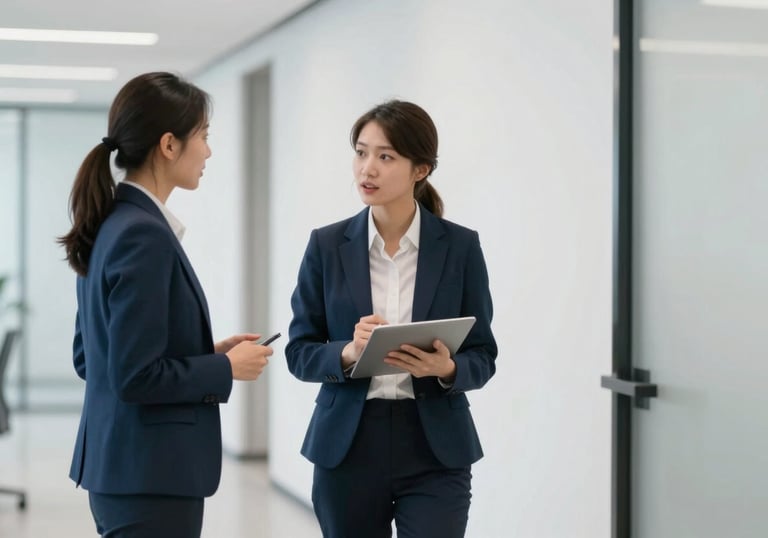 Two people in professional attire talking in a minimalist, well-lit office hallway, sense of movement and productivity, #4A5568 accents.