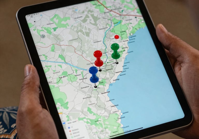 A close-up of a hand holding a modern tablet showing a map of Pakistan with pins on major cities, South Asian Pakistani attire visible on the sleeve.