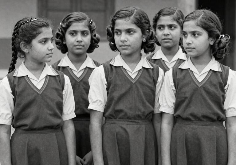 A nostalgic black and white photograph of South Asian Pakistani girls in school uniforms from the 1960s standing in a row, soft vintage grain.