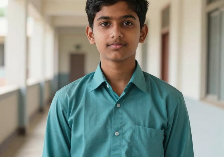 A South Asian Pakistani student in a smart teal school uniform looking confidently into the camera, bright school hallway background, soft natural lighting.